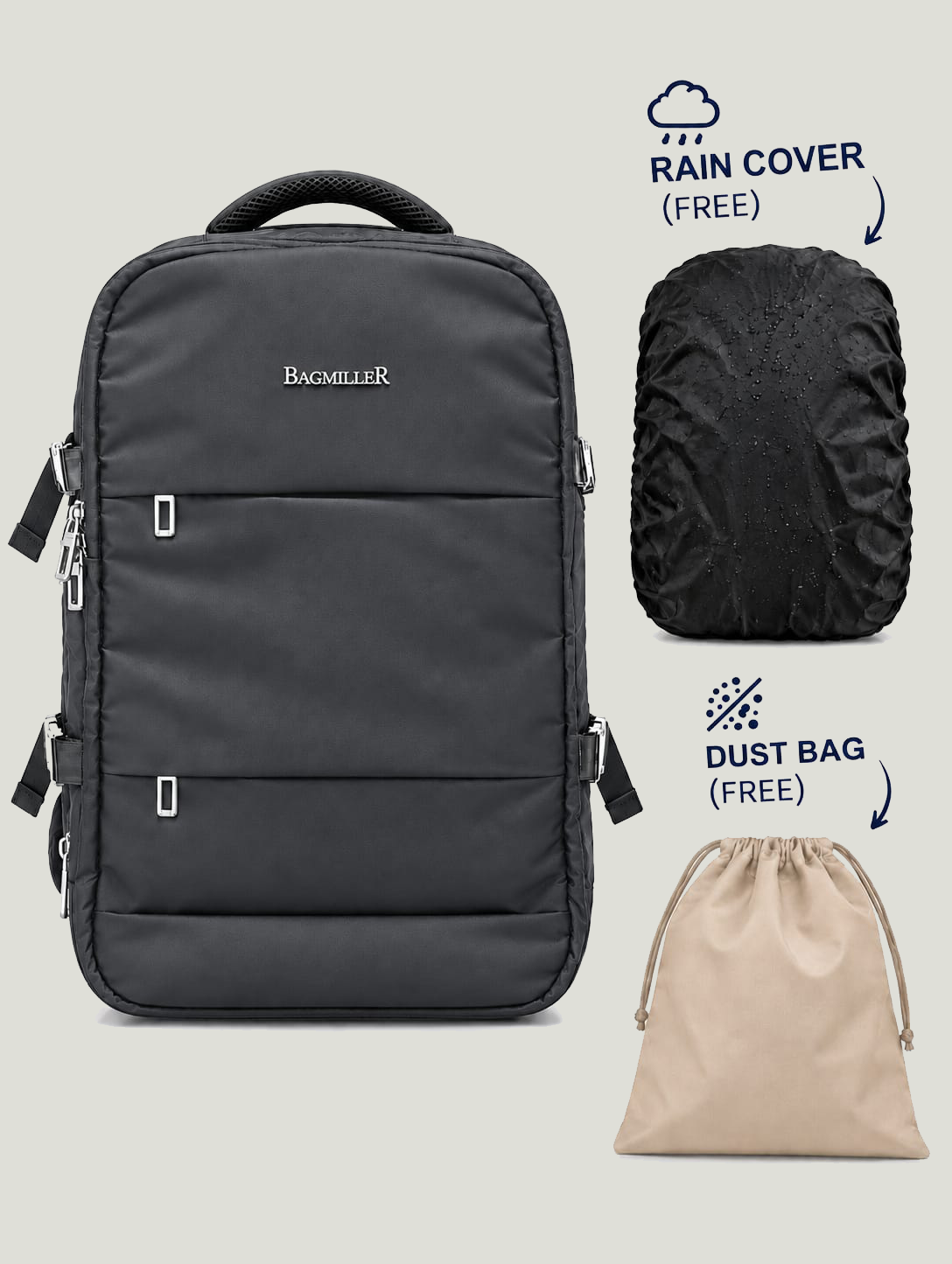 Gambit Grey backpack with rain cover and dust bag