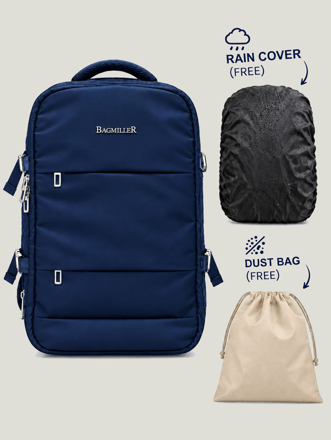 Gambit Blue backpack with rain cover and dust bag